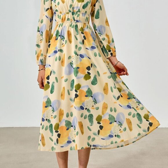 New Fall Women's Boho Maxi Dress Long Sleeve, V Neck, Printed, Flowy Beach Style - Picture 5 of 5